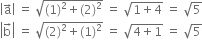 open vertical bar straight a with rightwards arrow on top close vertical bar space equals space square root of left parenthesis 1 right parenthesis squared plus left parenthesis 2 right parenthesis squared end root space equals space square root of 1 plus 4 end root space equals space square root of 5
open vertical bar straight b with rightwards arrow on top close vertical bar space equals space square root of left parenthesis 2 right parenthesis squared plus left parenthesis 1 right parenthesis squared end root space equals space square root of 4 plus 1 end root space equals space square root of 5
