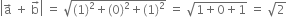 open vertical bar straight a with rightwards arrow on top space plus space straight b with rightwards arrow on top close vertical bar space equals space square root of left parenthesis 1 right parenthesis squared plus left parenthesis 0 right parenthesis squared plus left parenthesis 1 right parenthesis squared end root space equals space square root of 1 plus 0 plus 1 end root space equals space square root of 2