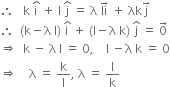 therefore space space space straight k space straight i with hat on top space plus space straight l space straight j with hat on top space equals space straight lambda space li with rightwards arrow on top space plus space λk straight j with rightwards arrow on top
therefore space space left parenthesis straight k minus straight lambda space straight l right parenthesis space straight i with hat on top space plus space left parenthesis straight l minus straight lambda space straight k right parenthesis space straight j with hat on top space equals space 0 with rightwards arrow on top
rightwards double arrow space space straight k space minus space straight lambda space straight l space equals space 0 comma space space space space straight l space minus straight lambda space straight k space equals space 0
rightwards double arrow space space space space straight lambda space equals space straight k over straight l comma space straight lambda space equals space straight l over straight k
