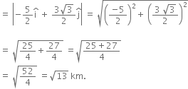 equals space open vertical bar negative 5 over 2 straight i with hat on top space plus space fraction numerator 3 square root of 3 over denominator 2 end fraction straight j with hat on top close vertical bar space equals space square root of open parentheses fraction numerator negative 5 over denominator 2 end fraction close parentheses squared plus space open parentheses fraction numerator 3 space square root of 3 over denominator 2 end fraction close parentheses squared end root

equals space square root of 25 over 4 plus 27 over 4 end root space equals square root of fraction numerator 25 plus 27 over denominator 4 end fraction end root
equals space square root of 52 over 4 end root space equals square root of 13 space km.