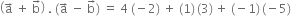 open parentheses straight a with rightwards arrow on top space plus space straight b with rightwards arrow on top close parentheses space. space left parenthesis straight a with rightwards arrow on top space minus space straight b with rightwards arrow on top right parenthesis space equals space 4 space left parenthesis negative 2 right parenthesis space plus space left parenthesis 1 right parenthesis thin space left parenthesis 3 right parenthesis thin space plus space left parenthesis negative 1 right parenthesis thin space left parenthesis negative 5 right parenthesis space space space