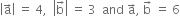 open vertical bar straight a with rightwards arrow on top close vertical bar space equals space 4 comma space space open vertical bar straight b with rightwards arrow on top close vertical bar space equals space 3 space space and space straight a with rightwards arrow on top comma space straight b with rightwards arrow on top space equals space 6