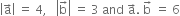 open vertical bar straight a with rightwards arrow on top close vertical bar space equals space 4 comma space space space open vertical bar straight b with rightwards arrow on top close vertical bar space equals space 3 space and space straight a with rightwards arrow on top. space straight b with rightwards arrow on top space equals space 6