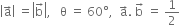 open vertical bar straight a with rightwards arrow on top close vertical bar space equals open vertical bar straight b with rightwards arrow on top close vertical bar comma space space space straight theta space equals space 60 degree comma space space straight a with rightwards arrow on top. space straight b with rightwards arrow on top space equals space 1 half