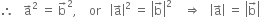 therefore space space space straight a with rightwards arrow on top squared space equals space straight b with rightwards arrow on top squared comma space space space space or space space space open vertical bar straight a with rightwards arrow on top close vertical bar squared space equals space open vertical bar straight b with rightwards arrow on top close vertical bar squared space space space space rightwards double arrow space space space open vertical bar straight a with rightwards arrow on top close vertical bar space equals space open vertical bar straight b with rightwards arrow on top close vertical bar