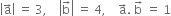 open vertical bar straight a with rightwards arrow on top close vertical bar space equals space 3 comma space space space space open vertical bar straight b with rightwards arrow on top close vertical bar space equals space 4 comma space space space space straight a with rightwards arrow on top. space straight b with rightwards arrow on top space equals space 1