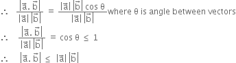 therefore space space space fraction numerator open vertical bar straight a with rightwards arrow on top. space straight b with rightwards arrow on top close vertical bar over denominator open vertical bar straight a with rightwards arrow on top close vertical bar space open vertical bar straight b with rightwards arrow on top close vertical bar end fraction space equals space fraction numerator open vertical bar straight a with rightwards arrow on top close vertical bar space open vertical bar straight b with rightwards arrow on top close vertical bar space cos space straight theta over denominator open vertical bar straight a with rightwards arrow on top close vertical bar space open vertical bar straight b with rightwards arrow on top close vertical bar end fraction where space straight theta space is space angle space between space vectors
therefore space space space space fraction numerator open vertical bar straight a with rightwards arrow on top. space straight b with rightwards arrow on top close vertical bar over denominator open vertical bar straight a with rightwards arrow on top close vertical bar space open vertical bar straight b with rightwards arrow on top close vertical bar end fraction space equals space cos space straight theta space less or equal than space 1
therefore space space space space space open vertical bar straight a with rightwards arrow on top. space straight b with rightwards arrow on top close vertical bar space less or equal than space space open vertical bar straight a with rightwards arrow on top close vertical bar space open vertical bar straight b with rightwards arrow on top close vertical bar