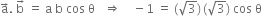 straight a with rightwards arrow on top. space straight b with rightwards arrow on top space equals space straight a space straight b space cos space straight theta space space space rightwards double arrow space space space space minus 1 space equals space left parenthesis square root of 3 right parenthesis thin space left parenthesis square root of 3 right parenthesis space cos space straight theta