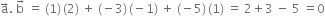 straight a with rightwards arrow on top. space straight b with rightwards arrow on top space equals space left parenthesis 1 right parenthesis thin space left parenthesis 2 right parenthesis space plus space left parenthesis negative 3 right parenthesis thin space left parenthesis negative 1 right parenthesis space plus space left parenthesis negative 5 right parenthesis thin space left parenthesis 1 right parenthesis space equals space 2 plus 3 space minus space 5 space equals 0