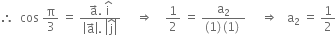 therefore space space cos space straight pi over 3 space equals space fraction numerator straight a with rightwards arrow on top. space straight i with hat on top over denominator open vertical bar straight a with rightwards arrow on top close vertical bar. space open vertical bar straight j with hat on top close vertical bar end fraction space space space space space rightwards double arrow space space space space 1 half space equals space fraction numerator straight a subscript 2 over denominator left parenthesis 1 right parenthesis thin space left parenthesis 1 right parenthesis space end fraction space space space space space rightwards double arrow space space space straight a subscript 2 space equals space 1 half