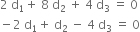 2 space straight d subscript 1 plus space 8 space straight d subscript 2 space plus space 4 space straight d subscript 3 space equals space 0
minus 2 space straight d subscript 1 plus space straight d subscript 2 space minus space 4 space straight d subscript 3 space equals space 0