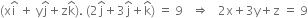 left parenthesis straight x straight i with hat on top space plus space straight y straight j with hat on top plus straight z straight k with hat on top right parenthesis. space left parenthesis 2 straight j with hat on top plus 3 straight j with hat on top plus straight k with hat on top right parenthesis space equals space 9 space space space rightwards double arrow space space space 2 straight x plus 3 straight y plus straight z space equals space 9