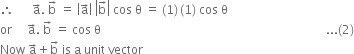 therefore space space space space space space straight a with rightwards arrow on top. space straight b with rightwards arrow on top space equals space open vertical bar straight a with rightwards arrow on top close vertical bar space open vertical bar straight b with rightwards arrow on top close vertical bar space cos space straight theta space equals space left parenthesis 1 right parenthesis thin space left parenthesis 1 right parenthesis space cos space straight theta
or space space space space space straight a with rightwards arrow on top. space straight b with rightwards arrow on top space equals space cos space straight theta space space space space space space space space space space space space space space space space space space space space space space space space space space space space space space space space space space space space space space space space space space space space space space space space space space space space space space space space space space space space space space space space space space space space space space space space space space space... left parenthesis 2 right parenthesis
Now space straight a with rightwards arrow on top plus straight b with rightwards arrow on top space is space straight a space unit space vector