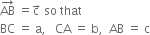 AB with rightwards arrow on top space equals straight c with rightwards arrow on top space so space that
BC space equals space straight a comma space space space CA space equals space straight b comma space space AB space equals space straight c