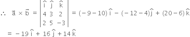 therefore space space space straight a with rightwards arrow on top space cross times space straight b with rightwards arrow on top space equals space open vertical bar table row cell straight i with hat on top end cell cell straight j with hat on top end cell cell straight k with hat on top end cell row 4 3 2 row 2 5 cell negative 3 end cell end table close vertical bar space equals space left parenthesis negative 9 minus 10 right parenthesis space straight i with hat on top space minus space left parenthesis negative 12 minus 4 right parenthesis straight j with hat on top space plus space left parenthesis 20 minus 6 right parenthesis space straight k with hat on top
space space space space equals space minus 19 space straight i with hat on top space plus space 16 space straight j with hat on top space plus 14 space straight k with hat on top