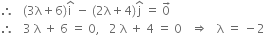 therefore space space space left parenthesis 3 straight lambda plus 6 right parenthesis straight i with hat on top space minus space left parenthesis 2 straight lambda plus 4 right parenthesis straight j with hat on top space equals space 0 with rightwards arrow on top
therefore space space space 3 space straight lambda space plus space 6 space equals space 0 comma space space space 2 space straight lambda space plus space 4 space equals space 0 space space space rightwards double arrow space space space straight lambda space equals space minus 2

