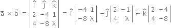 straight a with rightwards arrow on top space cross times space straight b with rightwards arrow on top space equals space open vertical bar table row cell straight i with hat on top end cell cell straight j with hat on top end cell cell straight k with hat on top end cell row 2 cell negative 4 end cell 1 row 4 cell negative 8 end cell straight lambda end table close vertical bar space equals space straight i with hat on top space open vertical bar table row cell negative 4 end cell 1 row cell negative 8 end cell straight lambda end table close vertical bar space minus straight j with hat on top space open vertical bar table row 2 cell negative 1 end cell row 4 cell space space space straight lambda end cell end table close vertical bar space plus space straight k with hat on top space open vertical bar table row 2 cell negative 4 end cell row 4 cell negative 8 end cell end table close vertical bar