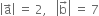 open vertical bar straight a with rightwards arrow on top close vertical bar space equals space 2 comma space space space open vertical bar straight b with rightwards arrow on top close vertical bar space equals space 7