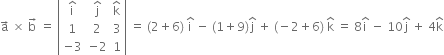 straight a with rightwards arrow on top space cross times space straight b with rightwards arrow on top space equals space open vertical bar table row cell straight i with hat on top end cell cell straight j with hat on top end cell cell straight k with hat on top end cell row 1 2 3 row cell negative 3 end cell cell negative 2 end cell 1 end table close vertical bar space equals space left parenthesis 2 plus 6 right parenthesis space straight i with hat on top space minus space left parenthesis 1 plus 9 right parenthesis straight j with hat on top space plus space left parenthesis negative 2 plus 6 right parenthesis space straight k with hat on top space equals space 8 straight i with hat on top space minus space 10 straight j with hat on top space plus space 4 straight k with hat on top