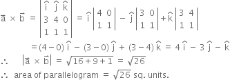 straight a with rightwards arrow on top space cross times space straight b with rightwards arrow on top space equals space open vertical bar table row cell straight i with hat on top end cell cell straight j with hat on top end cell cell straight k with hat on top end cell row 3 4 0 row 1 1 1 end table close vertical bar space equals space straight i with hat on top space open vertical bar table row 4 0 row 1 1 end table close vertical bar space minus space straight j with hat on top space open vertical bar table row 3 0 row 1 1 end table close vertical bar plus straight k with hat on top space open vertical bar table row 3 4 row 1 1 end table close vertical bar
space space space space space space space space space space space space space space equals left parenthesis 4 minus 0 right parenthesis space straight i with hat on top space minus space left parenthesis 3 minus 0 right parenthesis space straight j with hat on top space plus space left parenthesis 3 minus 4 right parenthesis space straight k with hat on top space equals space 4 space straight i with hat on top space minus space 3 space straight j with hat on top space minus space straight k with hat on top
therefore space space space space space space open vertical bar straight a with rightwards arrow on top space cross times space straight b with rightwards arrow on top close vertical bar space equals space square root of 16 plus 9 plus 1 end root space equals space square root of 26
therefore space space area space of space parallelogram space equals space square root of 26 space sq. space units. space