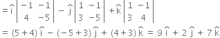 equals straight i with hat on top space open vertical bar table row cell negative 1 end cell cell negative 1 end cell row 4 cell negative 5 end cell end table close vertical bar space minus space straight j with hat on top space open vertical bar table row 1 cell negative 1 end cell row 3 cell negative 5 end cell end table close vertical bar space plus straight k with hat on top space open vertical bar table row 1 cell negative 1 end cell row 3 4 end table close vertical bar
equals space left parenthesis 5 plus 4 right parenthesis space straight i with hat on top space minus space left parenthesis negative 5 plus 3 right parenthesis space straight j with hat on top space plus space left parenthesis 4 plus 3 right parenthesis space straight k with hat on top space equals space 9 space straight i with hat on top space plus space 2 space straight j with hat on top space plus space 7 space straight k with hat on top