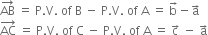 AB with rightwards arrow on top space equals space straight P. straight V. space of space straight B space minus space straight P. straight V. space of space straight A space equals space straight b with rightwards arrow on top minus straight a with rightwards arrow on top
AC with rightwards arrow on top space equals space straight P. straight V. space of space straight C space minus space straight P. straight V. space of space straight A space equals space straight c with rightwards arrow on top space minus space straight a with rightwards arrow on top