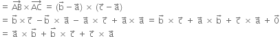 equals space AB with rightwards arrow on top cross times AC with rightwards arrow on top space equals space left parenthesis straight b with rightwards arrow on top minus straight a with rightwards arrow on top right parenthesis space cross times space left parenthesis straight c with rightwards arrow on top minus straight a with rightwards arrow on top right parenthesis
equals space straight b with rightwards arrow on top cross times straight c with rightwards arrow on top space minus straight b with rightwards arrow on top space cross times space straight a with rightwards arrow on top space minus space straight a with rightwards arrow on top space cross times space straight c with rightwards arrow on top space plus space straight a with rightwards arrow on top cross times space straight a with rightwards arrow on top space equals space straight b with rightwards arrow on top space cross times space straight c with rightwards arrow on top space plus space straight a with rightwards arrow on top space cross times space straight b with rightwards arrow on top space plus space straight c with rightwards arrow on top space cross times space straight a with rightwards arrow on top space plus space 0 with rightwards arrow on top
equals space straight a with rightwards arrow on top space cross times space straight b with rightwards arrow on top space plus space straight b with rightwards harpoon with barb upwards on top space cross times space straight c with rightwards arrow on top space plus space straight c with rightwards arrow on top space cross times space straight a with rightwards arrow on top