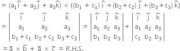 equals space left parenthesis straight a subscript 1 straight i with hat on top space plus space straight a subscript 2 straight j with hat on top space plus space straight a subscript 3 straight k with hat on top right parenthesis space cross times space open curly brackets left parenthesis straight b subscript 1 space plus space straight c subscript 1 right parenthesis space straight i with hat on top space plus left parenthesis straight b subscript 2 plus straight c subscript 2 right parenthesis space straight j with hat on top space plus left parenthesis straight b subscript 3 plus straight c subscript 3 right parenthesis space straight k with hat on top close curly brackets
equals space open vertical bar table row cell straight i with hat on top end cell cell straight j with hat on top end cell cell straight k with hat on top end cell row cell straight a subscript 1 end cell cell straight a subscript 2 end cell cell straight a subscript 3 end cell row cell straight b subscript 1 plus straight c subscript 1 end cell cell straight b subscript 2 plus straight c subscript 2 end cell cell straight b subscript 3 plus straight c subscript 3 end cell end table close vertical bar space equals space open vertical bar table row cell straight i with hat on top end cell cell straight j with hat on top end cell cell straight k with hat on top end cell row cell straight a subscript 1 end cell cell straight a subscript 2 end cell cell straight a subscript 3 end cell row cell straight b subscript 1 end cell cell straight b subscript 2 end cell cell straight b subscript 3 end cell end table close vertical bar plus space open vertical bar table row cell straight i with hat on top end cell cell straight j with hat on top end cell cell straight k with hat on top end cell row cell straight a subscript 1 end cell cell straight a subscript 2 end cell cell straight a subscript 3 end cell row cell straight c subscript 1 end cell cell straight b subscript 2 end cell cell straight b subscript 3 end cell end table close vertical bar
space equals straight a with rightwards arrow on top space cross times space straight b with rightwards arrow on top space plus space straight a with rightwards arrow on top space cross times space straight c with rightwards arrow on top space equals space straight R. straight H. straight S.