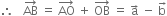 therefore space space space AB with rightwards arrow on top space equals space AO with rightwards arrow on top space plus space OB with rightwards arrow on top space equals space straight a with rightwards arrow on top space minus space straight b with rightwards arrow on top