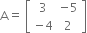 straight A equals space open square brackets table row 3 cell negative 5 end cell row cell negative 4 end cell 2 end table close square brackets