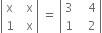 open vertical bar table row straight x cell space space straight x end cell row 1 cell space space straight x end cell end table close vertical bar space equals space open vertical bar table row 3 cell space space space 4 end cell row 1 cell space space space 2 end cell end table close vertical bar