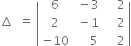 increment space space equals space open vertical bar table row 6 cell space minus 3 end cell cell space space space space 2 end cell row 2 cell space minus 1 end cell cell space space space space 2 end cell row cell negative 10 end cell cell space space space space space 5 end cell cell space space space space 2 end cell end table close vertical bar