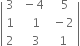 open vertical bar table row 3 cell space minus 4 end cell cell space space 5 end cell row 1 cell space space space 1 end cell cell space minus 2 end cell row 2 cell space space space 3 end cell cell space 1 end cell end table close vertical bar