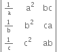 open vertical bar table row cell begin inline style 1 over straight a end style end cell cell space space space space straight a squared end cell cell space space bc end cell row cell begin inline style 1 over straight b end style end cell cell space space space straight b squared end cell cell space space ca end cell row cell begin inline style 1 over straight c end style end cell cell space space straight c squared end cell cell space space ab end cell end table close vertical bar