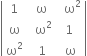open vertical bar table row 1 cell space straight omega end cell cell space space straight omega squared end cell row straight omega cell space space straight omega squared end cell 1 row cell straight omega squared end cell cell space 1 end cell cell space straight omega end cell end table close vertical bar