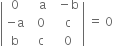 open vertical bar table row 0 cell space space space straight a end cell cell space space minus straight b end cell row cell negative straight a end cell cell space space 0 end cell cell space space straight c end cell row straight b cell space space straight c end cell cell space space 0 end cell end table close vertical bar space equals space 0