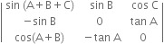 open vertical bar table row cell sin space left parenthesis straight A plus straight B plus straight C right parenthesis end cell cell space sin space straight B end cell cell space space cos space straight C end cell row cell negative sin space straight B end cell 0 cell space tan space straight A end cell row cell cos left parenthesis straight A plus straight B right parenthesis end cell cell space minus tan space straight A end cell cell space 0 end cell end table close vertical bar