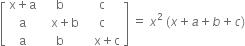 open square brackets table row cell straight x plus straight a end cell straight b straight c row straight a cell space space space straight x plus straight b end cell straight c row straight a straight b cell space space space straight x plus straight c end cell end table close square brackets space equals space x squared space left parenthesis x plus a plus b plus c right parenthesis