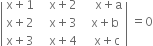 open vertical bar table row cell straight x plus 1 end cell cell space straight x plus 2 end cell cell space space straight x plus straight a end cell row cell straight x plus 2 end cell cell space space space straight x plus 3 space space end cell cell straight x plus straight b end cell row cell straight x plus 3 end cell cell space straight x plus 4 end cell cell space straight x plus straight c end cell end table close vertical bar space equals 0