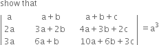 show space that
open vertical bar table row straight a cell space space space space space space space space space straight a plus straight b end cell cell straight a plus straight b plus straight c end cell row cell 2 straight a end cell cell space space space space space space space space 3 straight a plus 2 straight b end cell cell space space 4 straight a plus 3 straight b plus 2 straight c end cell row cell 3 straight a end cell cell space space space space space 6 straight a plus straight b end cell cell space space space space space 10 straight a plus 6 straight b plus 3 straight c end cell end table close vertical bar space equals straight a cubed
