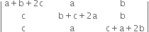 open vertical bar table row cell straight a plus straight b plus 2 straight c end cell straight a straight b row straight c cell space space space space space straight b plus straight c plus 2 straight a end cell straight b row straight c straight a cell space space straight c plus straight a plus 2 straight b end cell end table close vertical bar