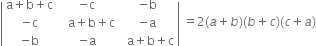 open vertical bar table row cell straight a plus straight b plus straight c end cell cell negative straight c end cell cell negative straight b end cell row cell negative straight c end cell cell space space space straight a plus straight b plus straight c end cell cell negative straight a end cell row cell negative straight b end cell cell negative straight a end cell cell space space straight a plus straight b plus straight c end cell end table close vertical bar space equals 2 left parenthesis a plus b right parenthesis left parenthesis b plus c right parenthesis left parenthesis c plus a right parenthesis