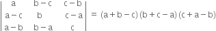 open vertical bar table row straight a cell space space space straight b minus straight c end cell cell space space space straight c minus straight b end cell row cell straight a minus straight c end cell straight b cell space space space space straight c minus straight a end cell row cell straight a minus straight b end cell cell space space space straight b minus straight a end cell cell space space space straight c end cell end table close vertical bar space equals space left parenthesis straight a plus straight b minus straight c right parenthesis thin space left parenthesis straight b plus straight c minus straight a right parenthesis thin space left parenthesis straight c plus straight a minus straight b right parenthesis