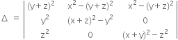 increment space equals space open vertical bar table row cell left parenthesis straight y plus straight z right parenthesis squared space space space space end cell cell straight x squared minus left parenthesis straight y plus straight z right parenthesis squared end cell cell space space space space space straight x squared minus left parenthesis straight y plus straight z right parenthesis squared end cell row cell straight y squared end cell cell left parenthesis straight x plus straight z right parenthesis squared minus straight y squared end cell 0 row cell straight z squared end cell 0 cell left parenthesis straight x plus straight y right parenthesis squared minus straight z squared end cell end table close vertical bar