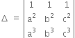 increment space equals space open vertical bar table row 1 cell space space 1 end cell cell space space 1 end cell row cell straight a squared end cell cell space space straight b squared end cell cell space space straight c squared end cell row cell straight a cubed end cell cell space space straight b cubed end cell cell space space straight c cubed end cell end table close vertical bar
