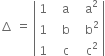 increment space equals space open vertical bar table row 1 cell space space space straight a end cell cell space space space straight a squared end cell row 1 cell space space space straight b end cell cell space space space straight b squared end cell row 1 cell space space space straight c end cell cell space space space straight c squared end cell end table close vertical bar