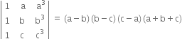 open vertical bar table row 1 cell space space space straight a end cell cell space space space straight a cubed end cell row 1 cell space space straight b end cell cell space space straight b cubed end cell row 1 cell space space straight c end cell cell space space straight c cubed end cell end table close vertical bar space equals space left parenthesis straight a minus straight b right parenthesis thin space left parenthesis straight b minus straight c right parenthesis thin space left parenthesis straight c minus straight a right parenthesis thin space left parenthesis straight a plus straight b plus straight c right parenthesis