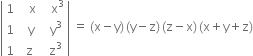 open vertical bar table row 1 cell space space space straight x end cell cell space space space straight x cubed end cell row 1 cell space space straight y end cell cell space space straight y cubed end cell row 1 cell space straight z end cell cell space space straight z cubed end cell end table close vertical bar space equals space left parenthesis straight x minus straight y right parenthesis thin space left parenthesis straight y minus straight z right parenthesis thin space left parenthesis straight z minus straight x right parenthesis thin space left parenthesis straight x plus straight y plus straight z right parenthesis