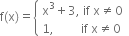 straight f left parenthesis straight x right parenthesis equals open curly brackets table attributes columnalign left end attributes row cell straight x cubed plus 3 comma space if space straight x not equal to 0 end cell row cell 1 comma space space space space space space space space space if space straight x not equal to 0 end cell end table close