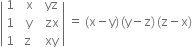 open vertical bar table row 1 cell space space straight x end cell cell space space yz end cell row 1 cell space space straight y end cell cell space space zx end cell row 1 cell space straight z end cell cell space space xy end cell end table close vertical bar space equals space left parenthesis straight x minus straight y right parenthesis thin space left parenthesis straight y minus straight z right parenthesis thin space left parenthesis straight z minus straight x right parenthesis